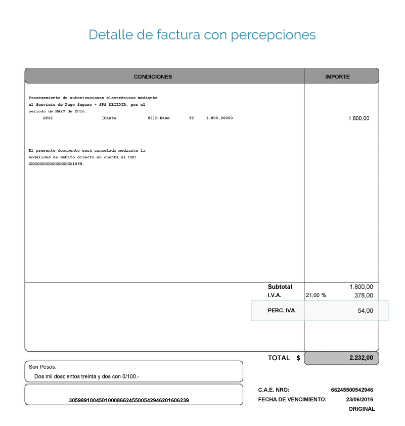 Detalle de factura con percepciones